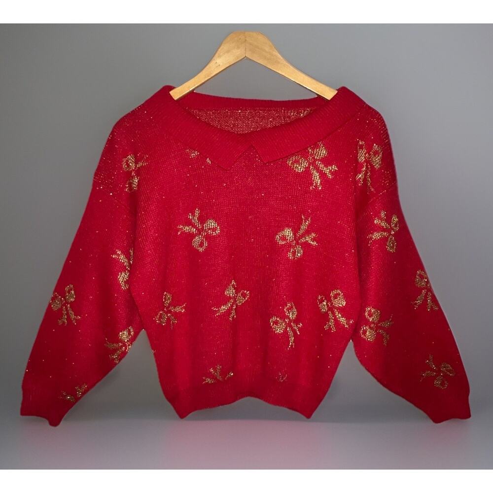 VTG 80s Red Sweater Gold Bow Metallic Knit Unique Collar Valentine Pullover S/M